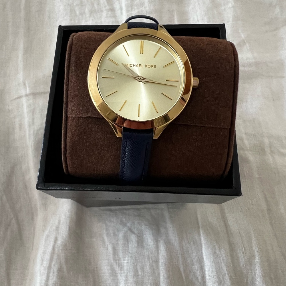 Michael Kors Gold Watch with Navy Leather Strap